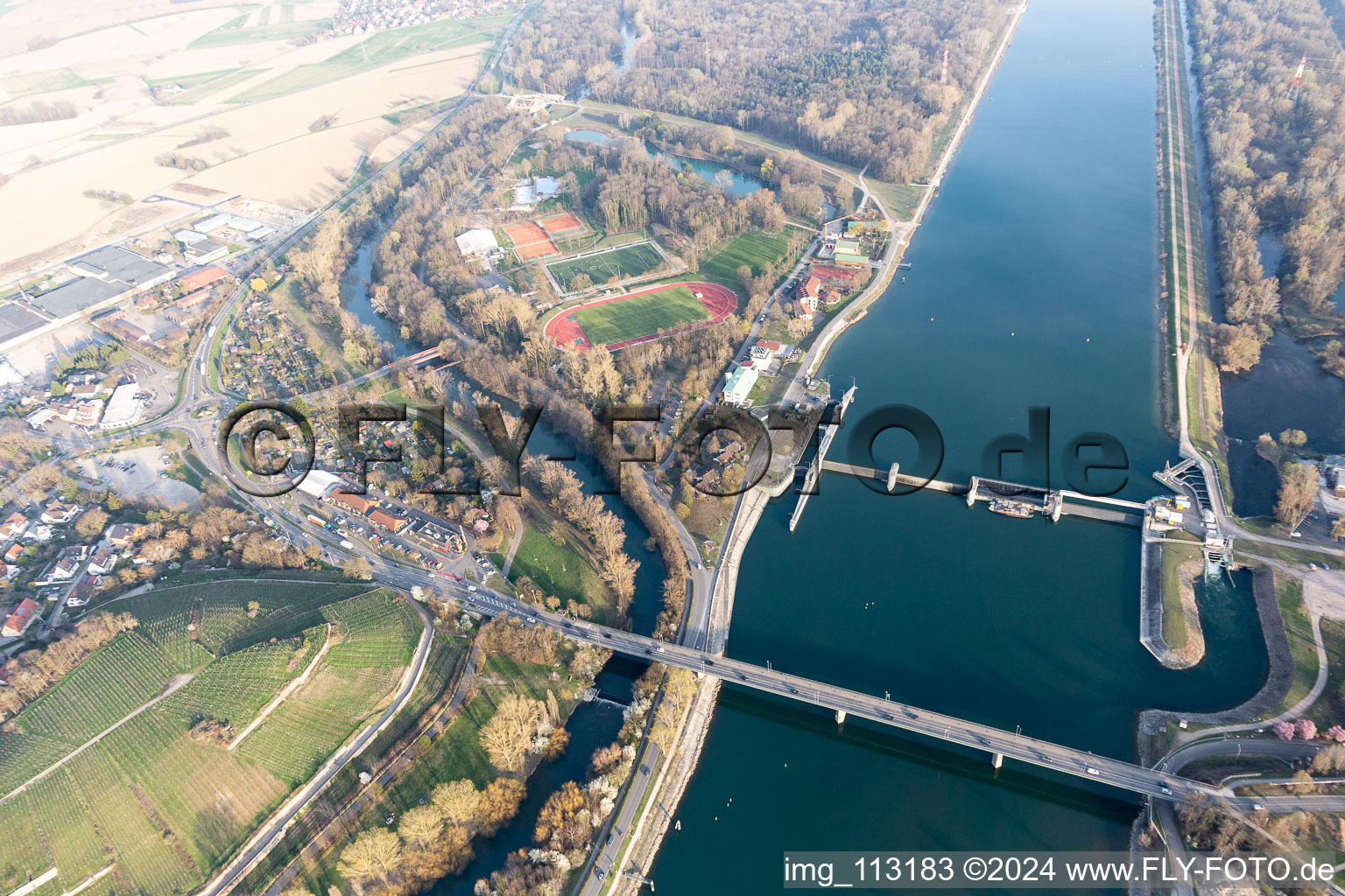 Aerial view of Forest stadium, forest swimming pool in Breisach am Rhein in the state Baden-Wuerttemberg, Germany