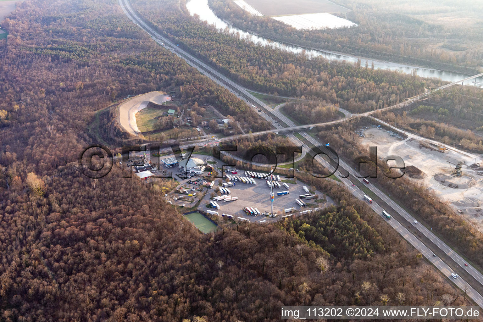 Aerial view of Bremgarten shooting range and rest area in Hartheim am Rhein in the state Baden-Wuerttemberg, Germany