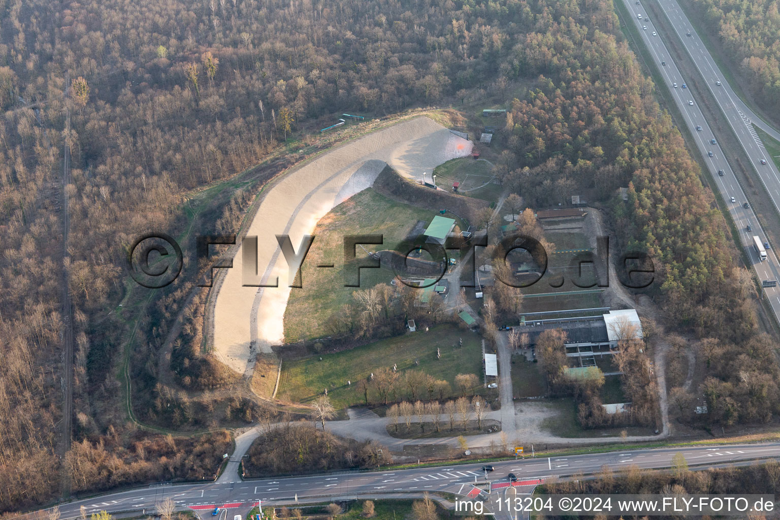 Aerial photograpy of Bremgarten shooting range and rest area in Hartheim am Rhein in the state Baden-Wuerttemberg, Germany