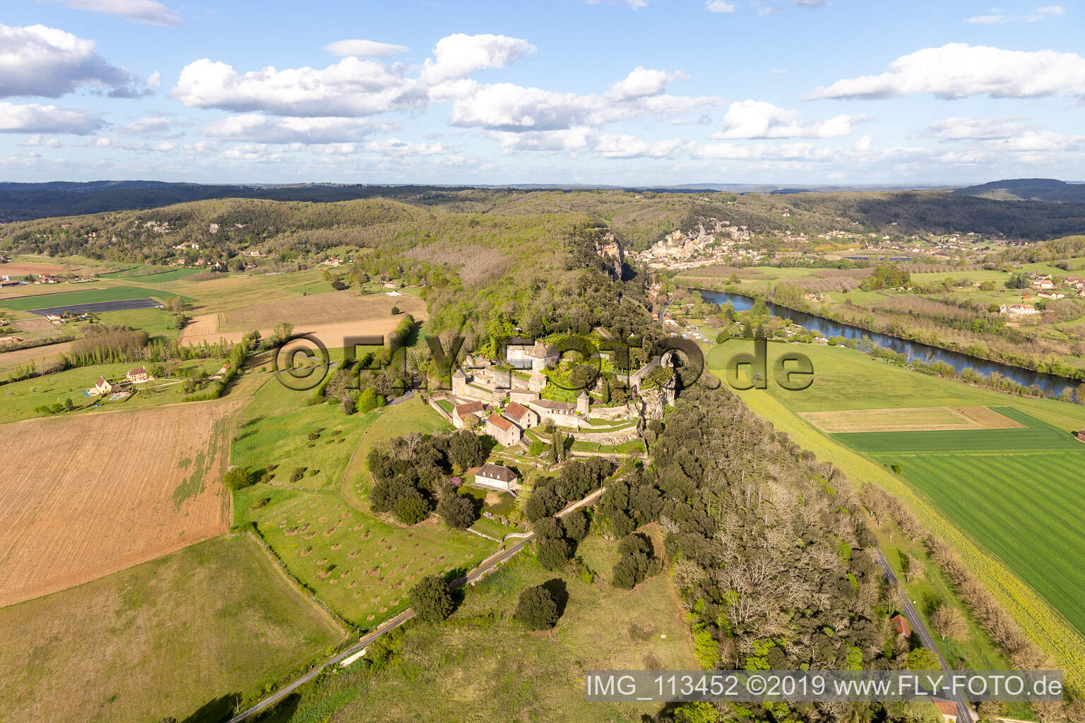 Aerial photograpy of Park and gardenss of the castle Marqueyssac above the Dordogne in Vezac in Nouvelle-Aquitaine, France