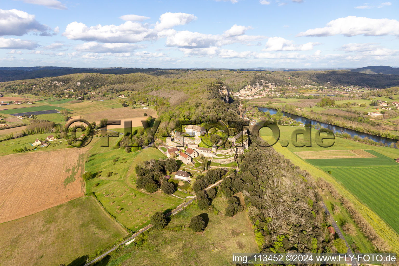 Aerial photograpy of Park and gardenss of the castle Marqueyssac above the Dordogne in Vezac in Nouvelle-Aquitaine, France