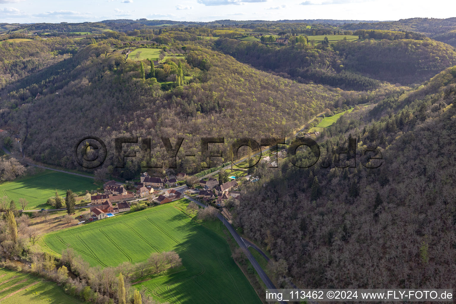 Aerial view of Céou Valley in Castelnaud-la-Chapelle in the state Dordogne, France