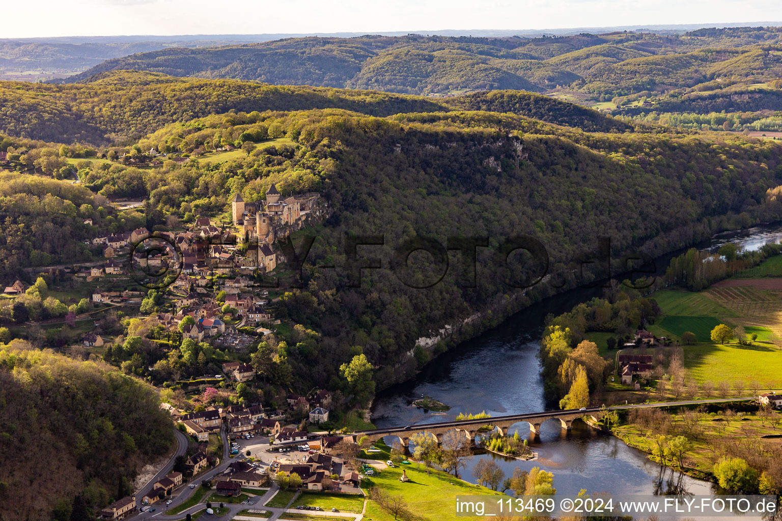 Aerial view of Castle of Chateau de Castelnaud-la-Chapelle in Castelnaud-la-Chapelle in Nouvelle-Aquitaine, France