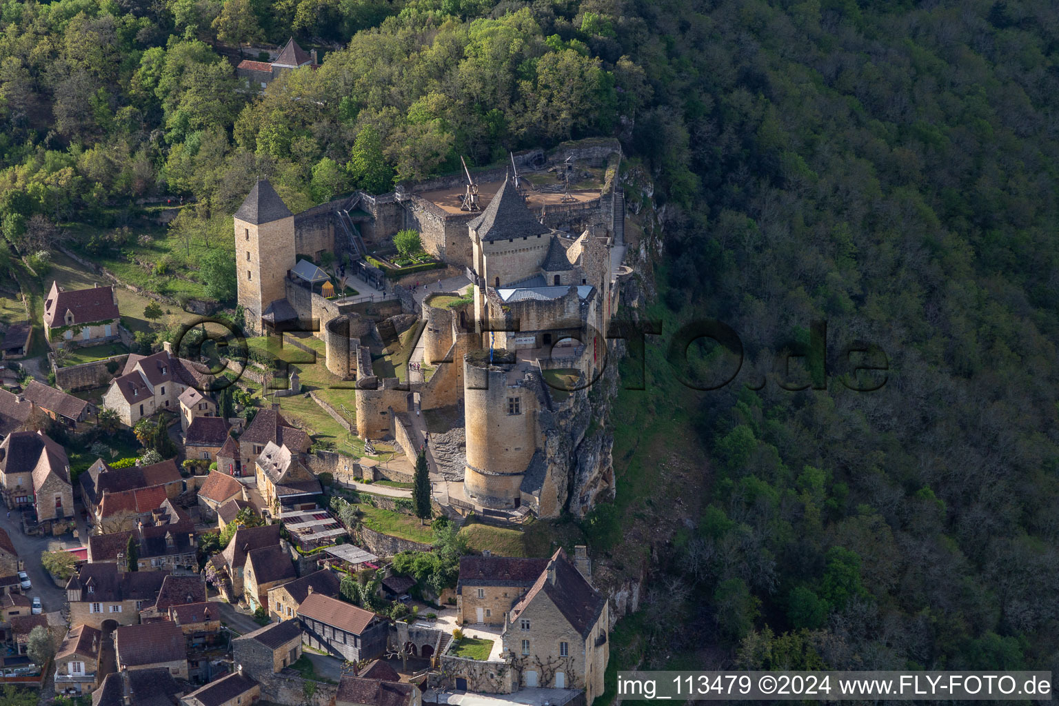 Aerial photograpy of Castle of Chateau de Castelnaud-la-Chapelle in Castelnaud-la-Chapelle in Nouvelle-Aquitaine, France