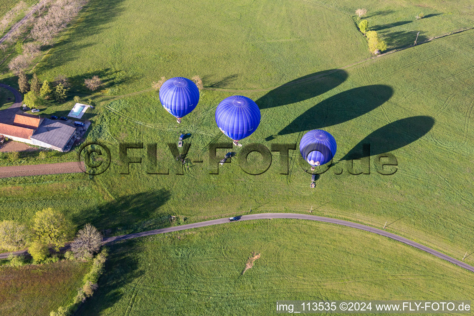 Oblique view of Balloon launch in Veyrines-de-Domme in the state Dordogne, France