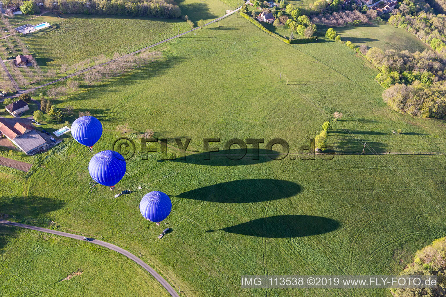 Aerial photograpy of Hot air balloons launching over the airspace in Veyrines-de-Domme in Nouvelle-Aquitaine, France