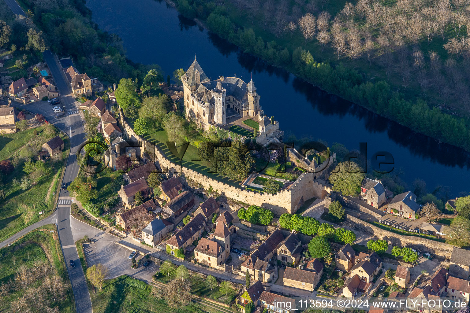 Aerial view of Castle of Montfort above the Dordogne in Vitrac in Nouvelle-Aquitaine, France