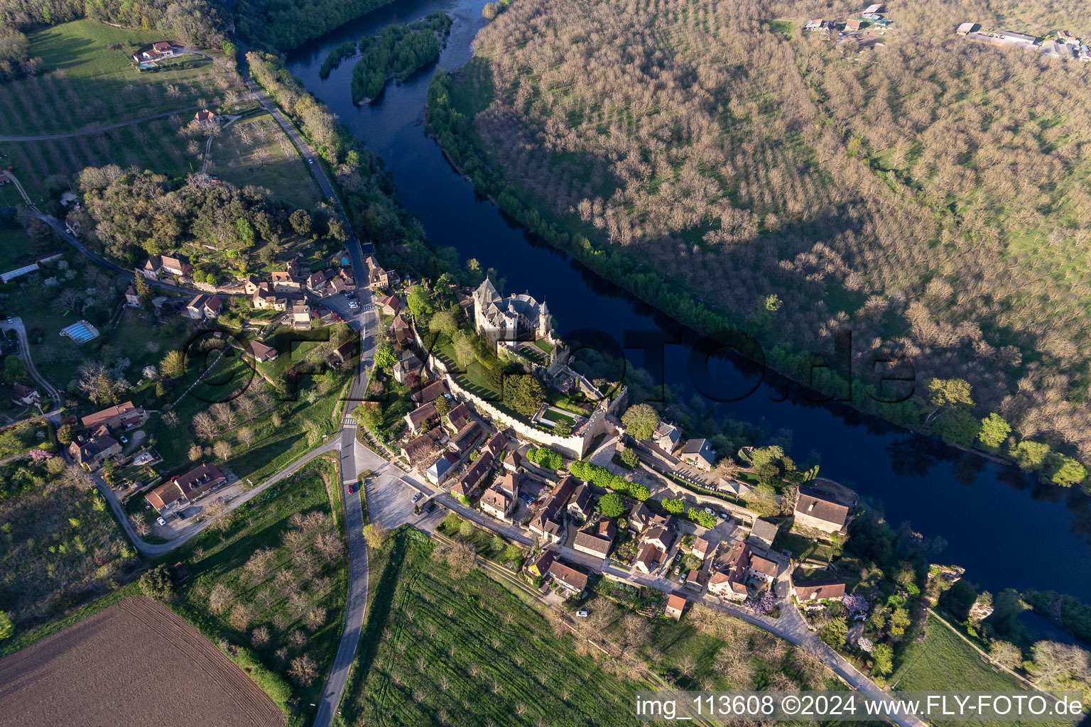 Castle of Montfort above the Dordogne in Vitrac in Nouvelle-Aquitaine, France from above