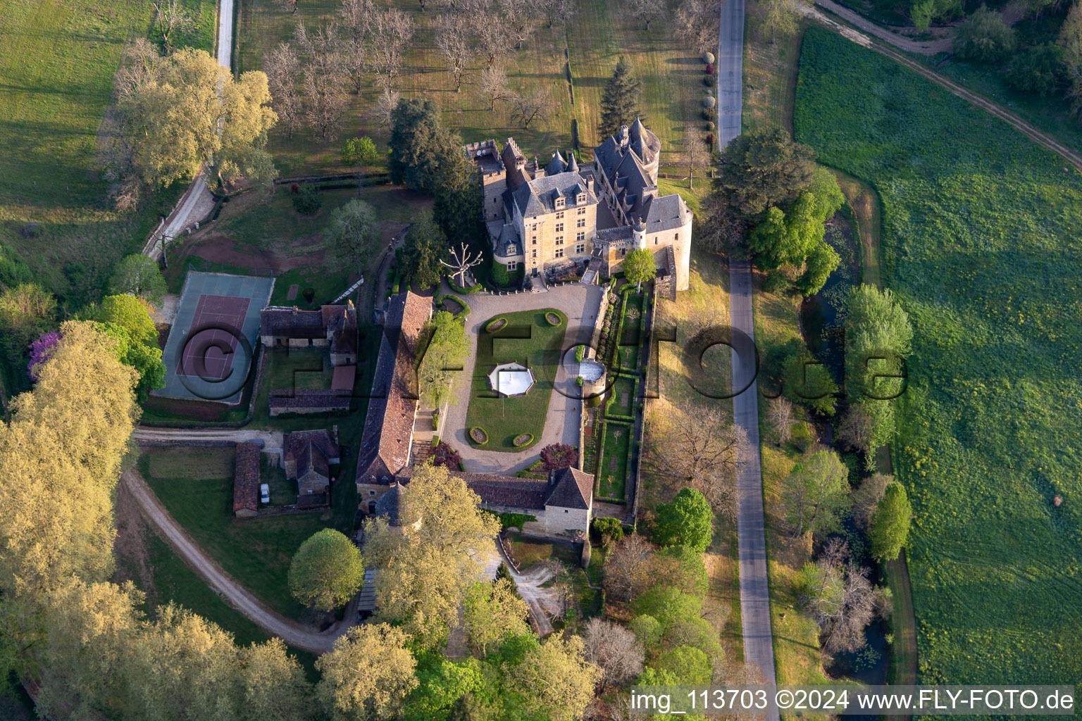 Building complex in the park of the castle Chateau de Fayrac in Castelnaud-la-Chapelle in Nouvelle-Aquitaine, France