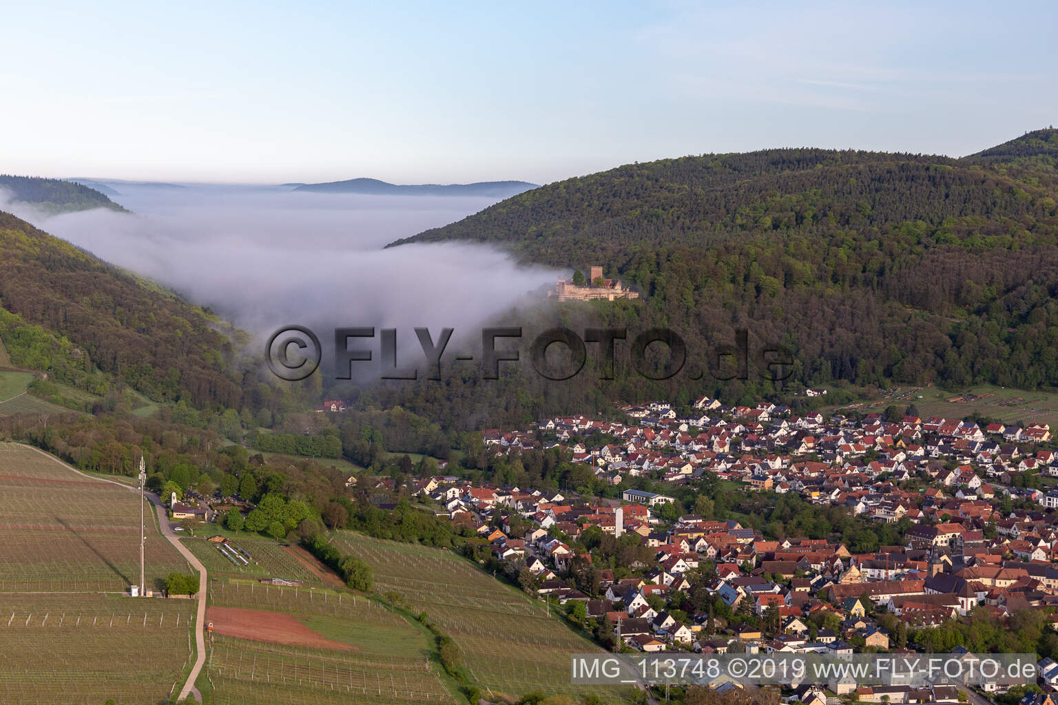Aerial view of Landeck Castle in the morning fog in Klingenmünster in the state Rhineland-Palatinate, Germany
