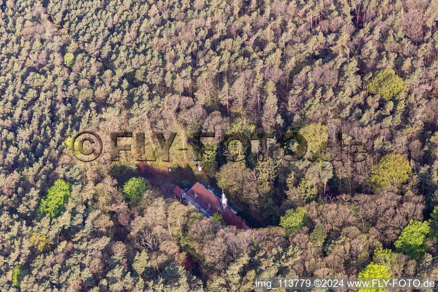 Aerial view of Kolmerberg Chapel in Dörrenbach in the state Rhineland-Palatinate, Germany