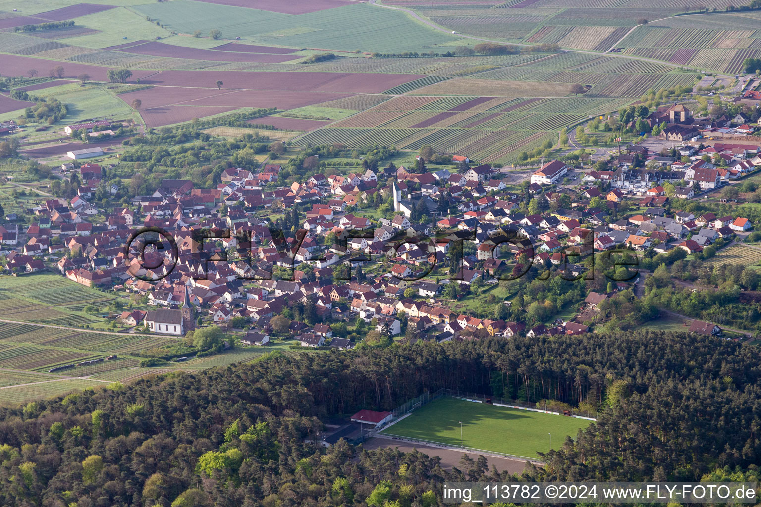 District Rechtenbach in Schweigen-Rechtenbach in the state Rhineland-Palatinate, Germany from above