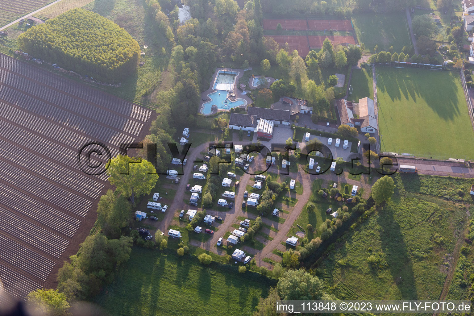 Aerial view of Camping at the outdoor pool Ingenheim in the district Ingenheim in Billigheim-Ingenheim in the state Rhineland-Palatinate, Germany