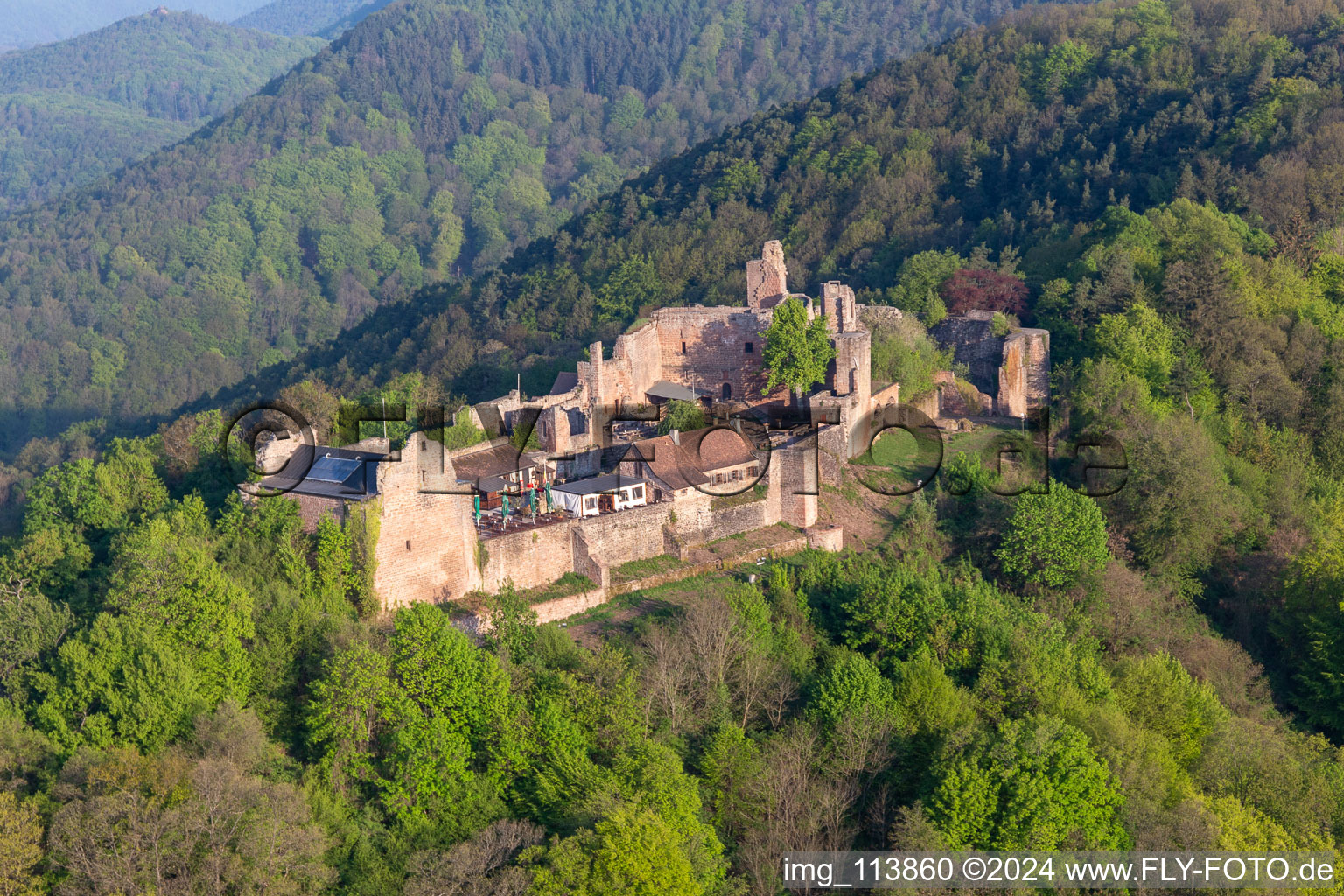 Aerial view of Madenburg in Eschbach in the state Rhineland-Palatinate, Germany