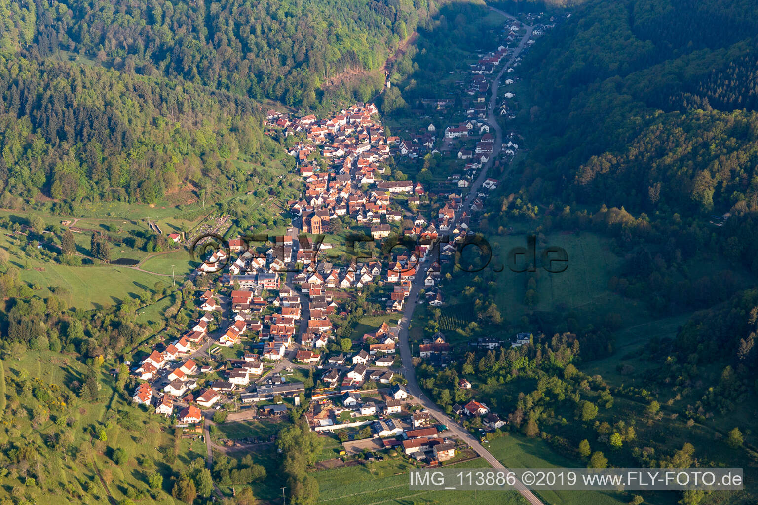 Aerial view of Eußerthal in the state Rhineland-Palatinate, Germany
