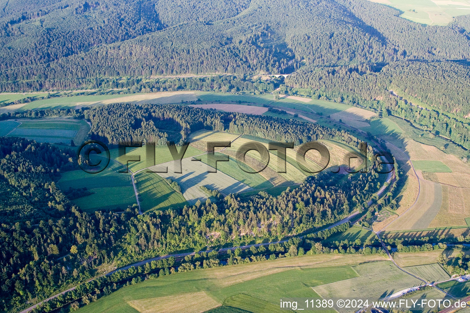 Aerial view of Curved loop of the riparian zones on the course of the river of the river Danube in Tuttlingen in the state Baden-Wurttemberg