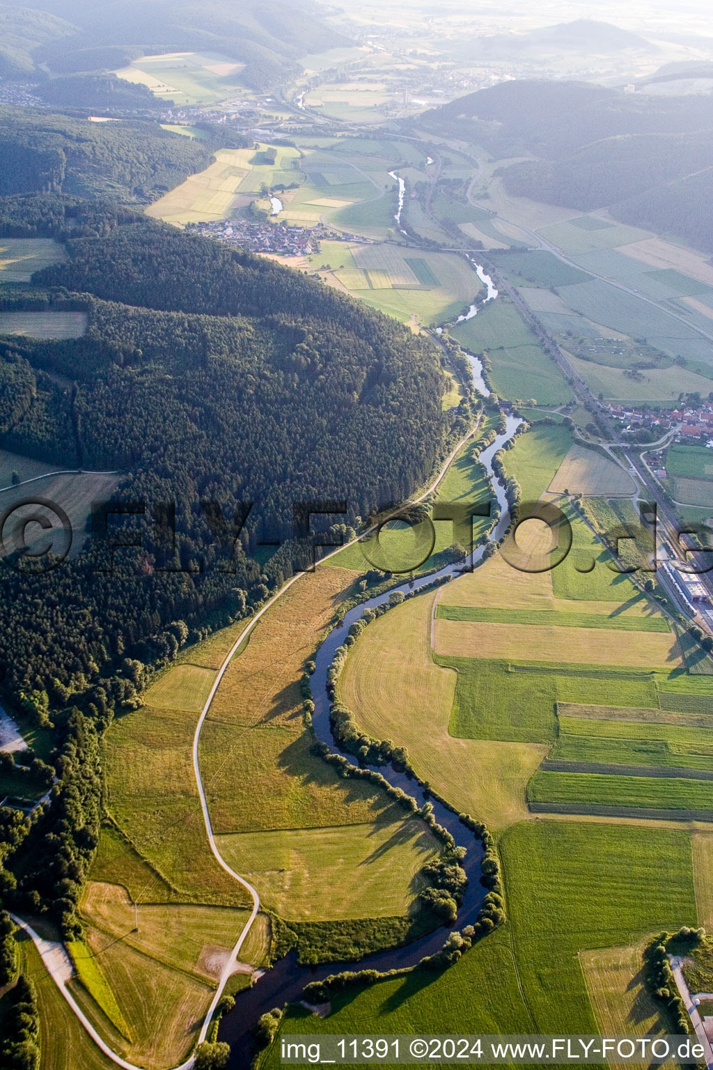 Curved loop of the riparian zones on the course of the river of the river Danube in Immendingen in the state Baden-Wurttemberg