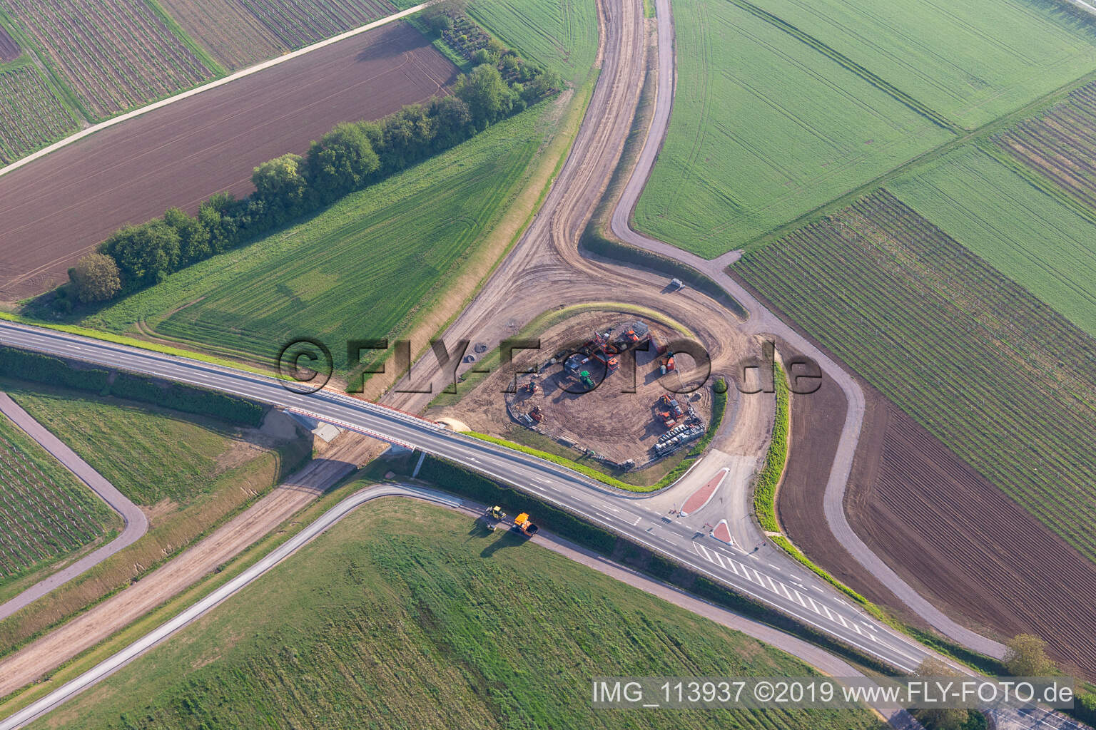 Aerial view of Bypass construction site in Impflingen in the state Rhineland-Palatinate, Germany