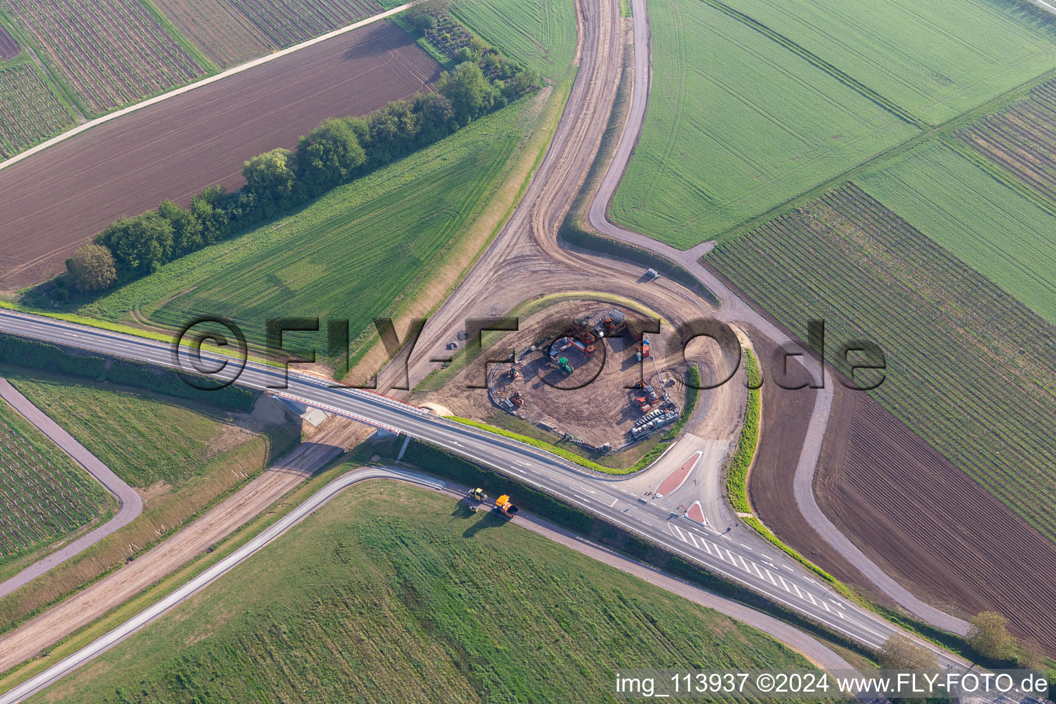 Aerial view of Bypass construction site in Impflingen in the state Rhineland-Palatinate, Germany