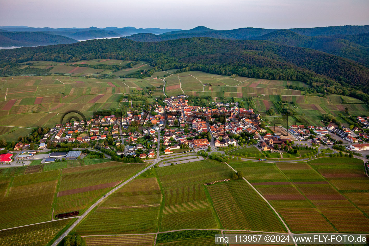 District Schweigen in Schweigen-Rechtenbach in the state Rhineland-Palatinate, Germany seen from a drone