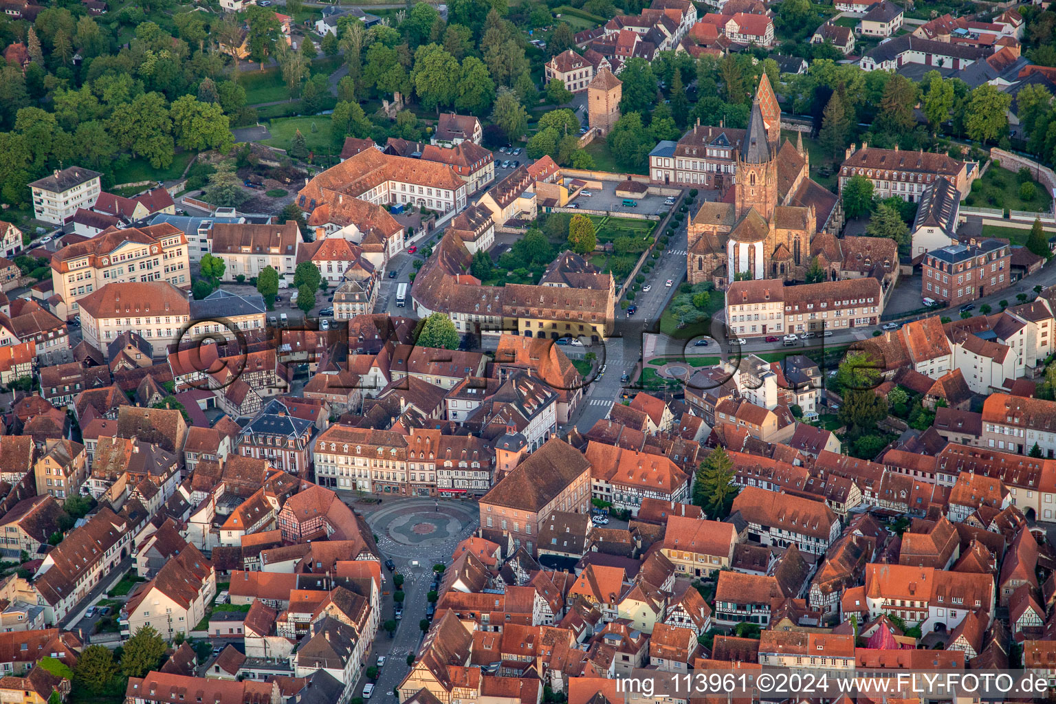 Aerial view of Circular Place in front of Tourist Office in Wissembourg in Grand Est, France