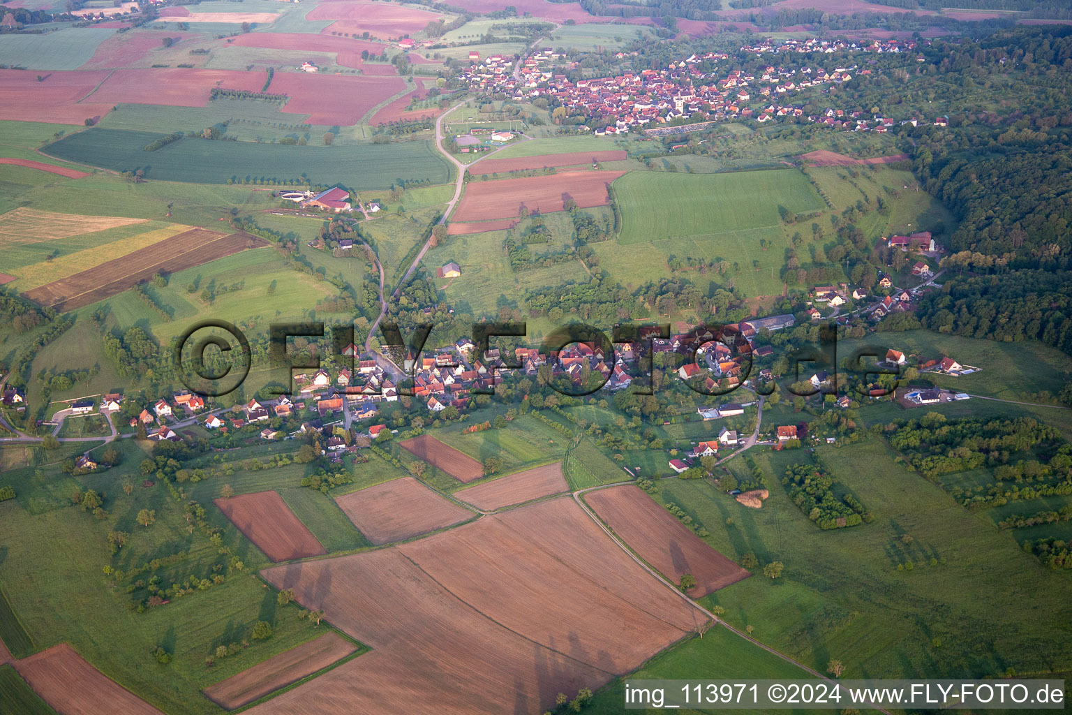 Gœrsdorf in the state Bas-Rhin, France seen from above