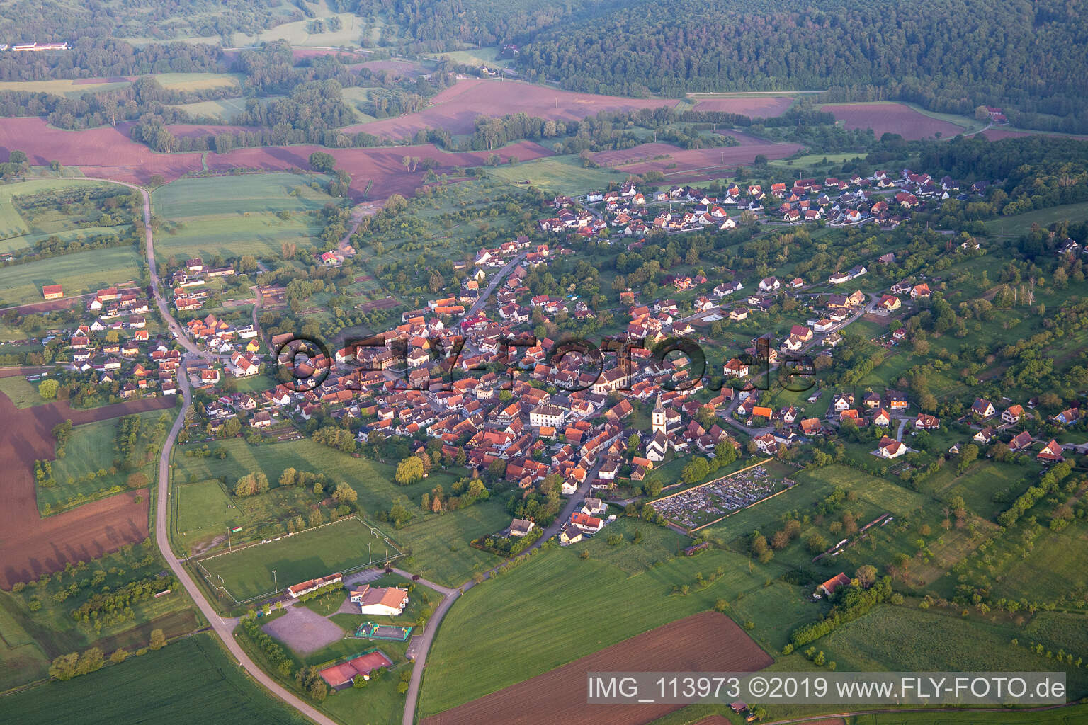 Gœrsdorf in the state Bas-Rhin, France seen from above