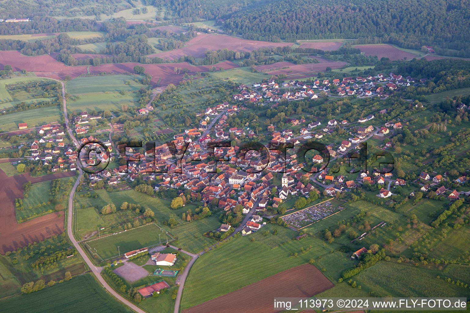 Gœrsdorf in the state Bas-Rhin, France seen from above