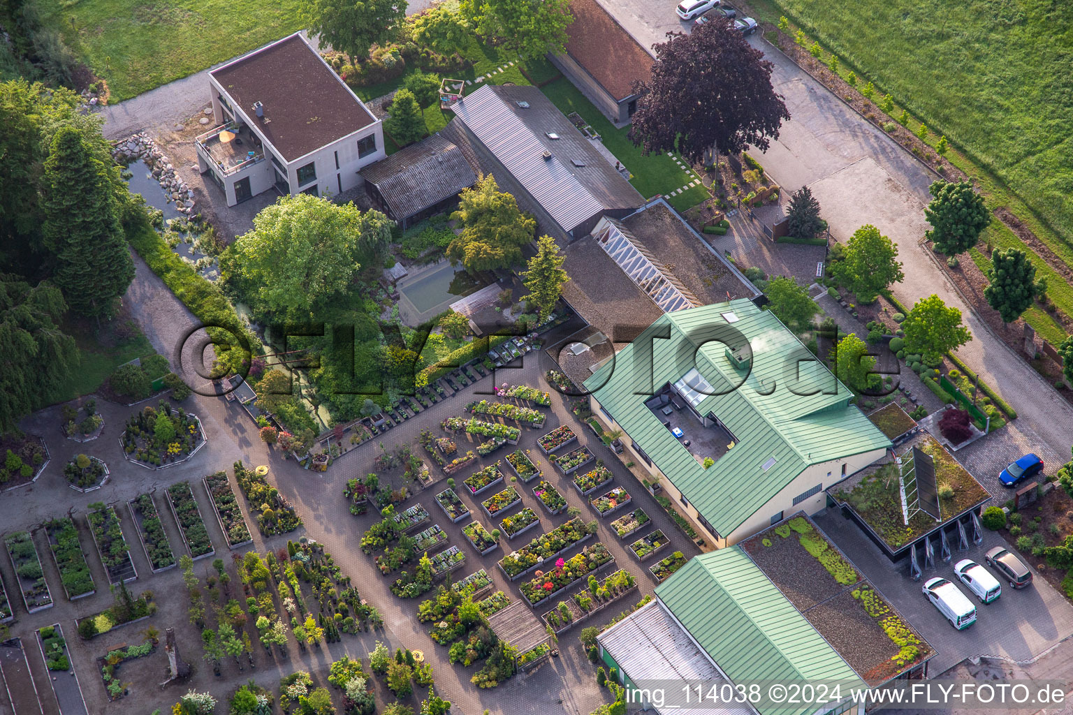 Aerial view of Building of Store plant market Bienwald-Nursery Greentec GmbH in Berg (Pfalz) in the state Rhineland-Palatinate, Germany