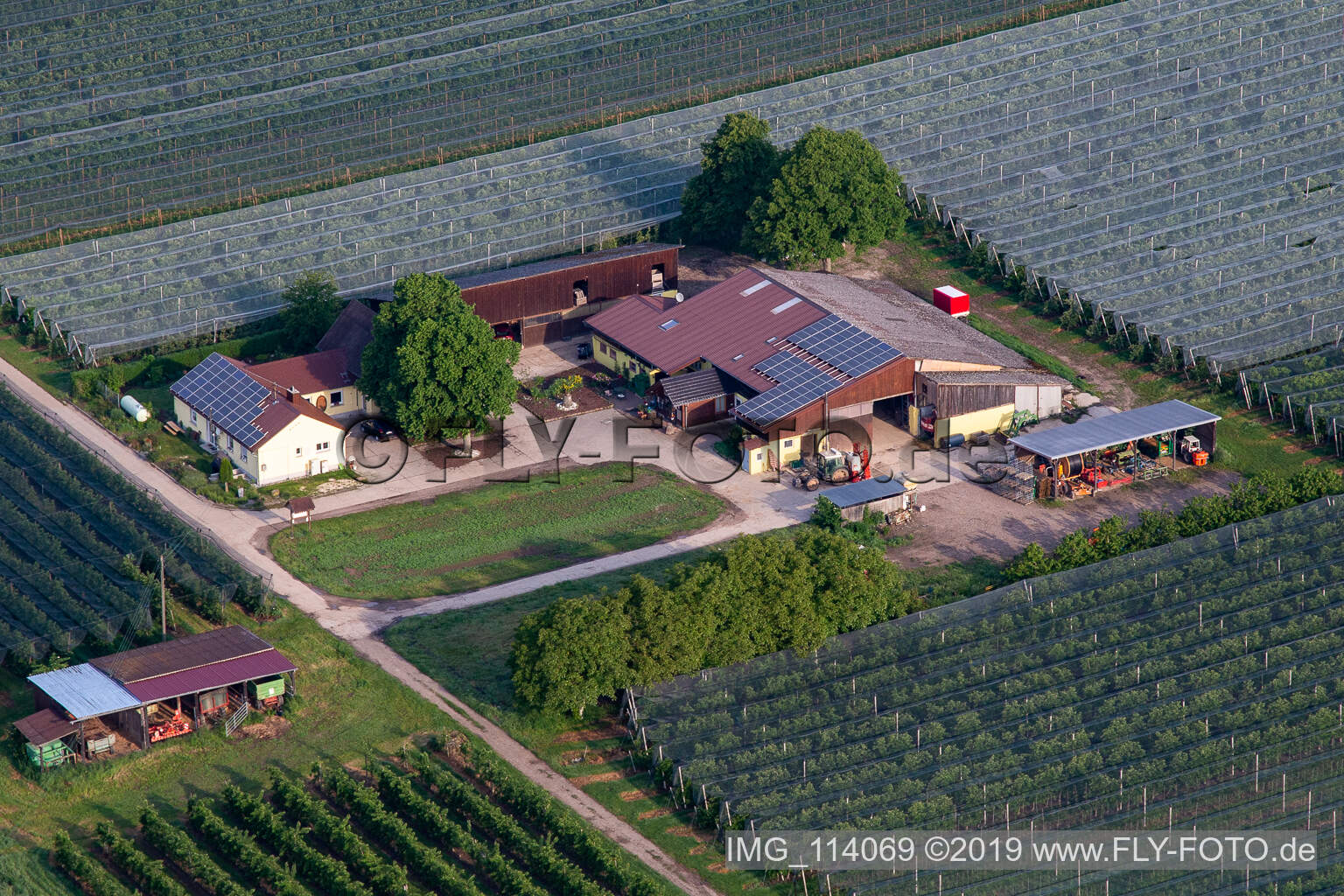 Aerial photograpy of Gensheimer fruit and spagel farm in Steinweiler in the state Rhineland-Palatinate, Germany