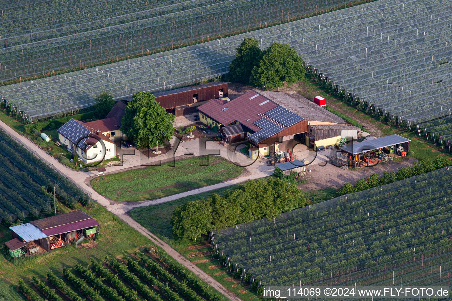 Aerial photograpy of Gensheimer fruit and spagel farm in Steinweiler in the state Rhineland-Palatinate, Germany