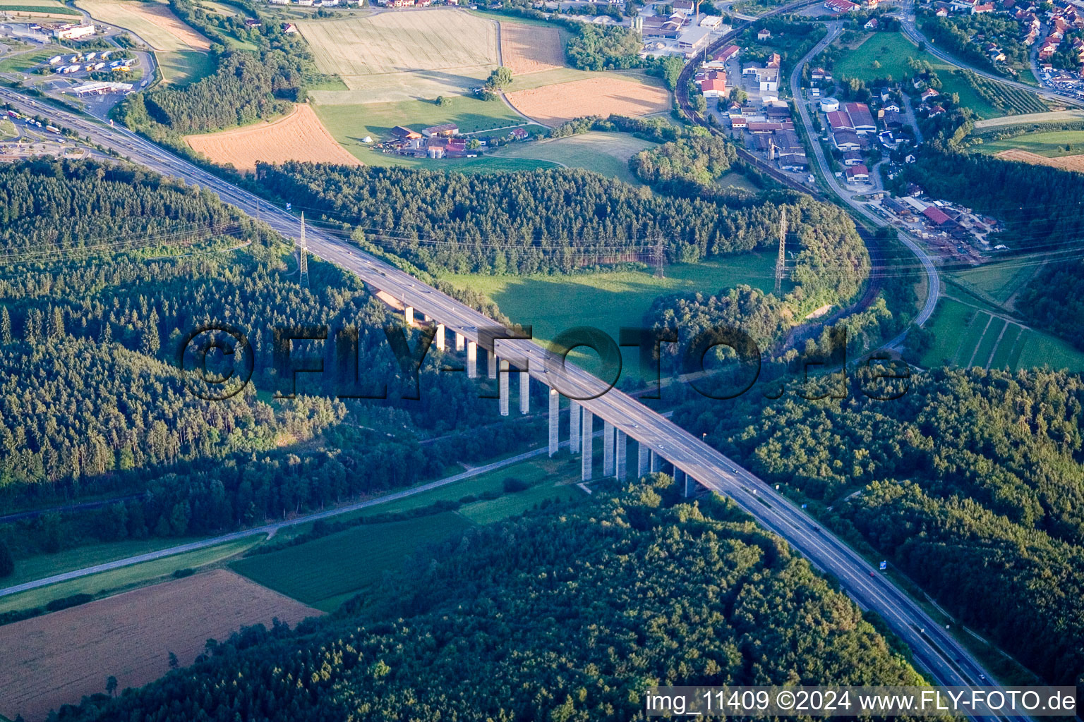 Routing and traffic lanes over the highway bridge in the motorway A 81 ueber Hoelzlebach in Engen in the state Baden-Wurttemberg