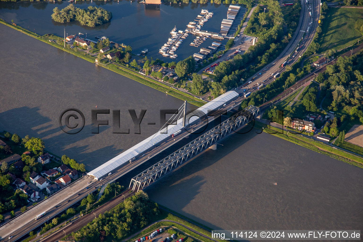 River - bridge construction Rheinbruecke Maxau in , Germany