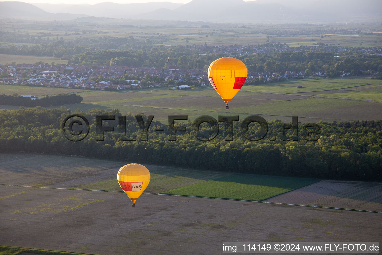 Aerial view of Pfalzgas twin balloons in Kandel in the state Rhineland-Palatinate, Germany