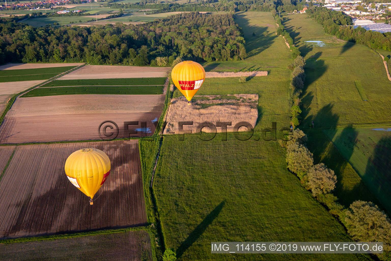 Aerial view of Pfalzgas twin balloons in Steinweiler in the state Rhineland-Palatinate, Germany