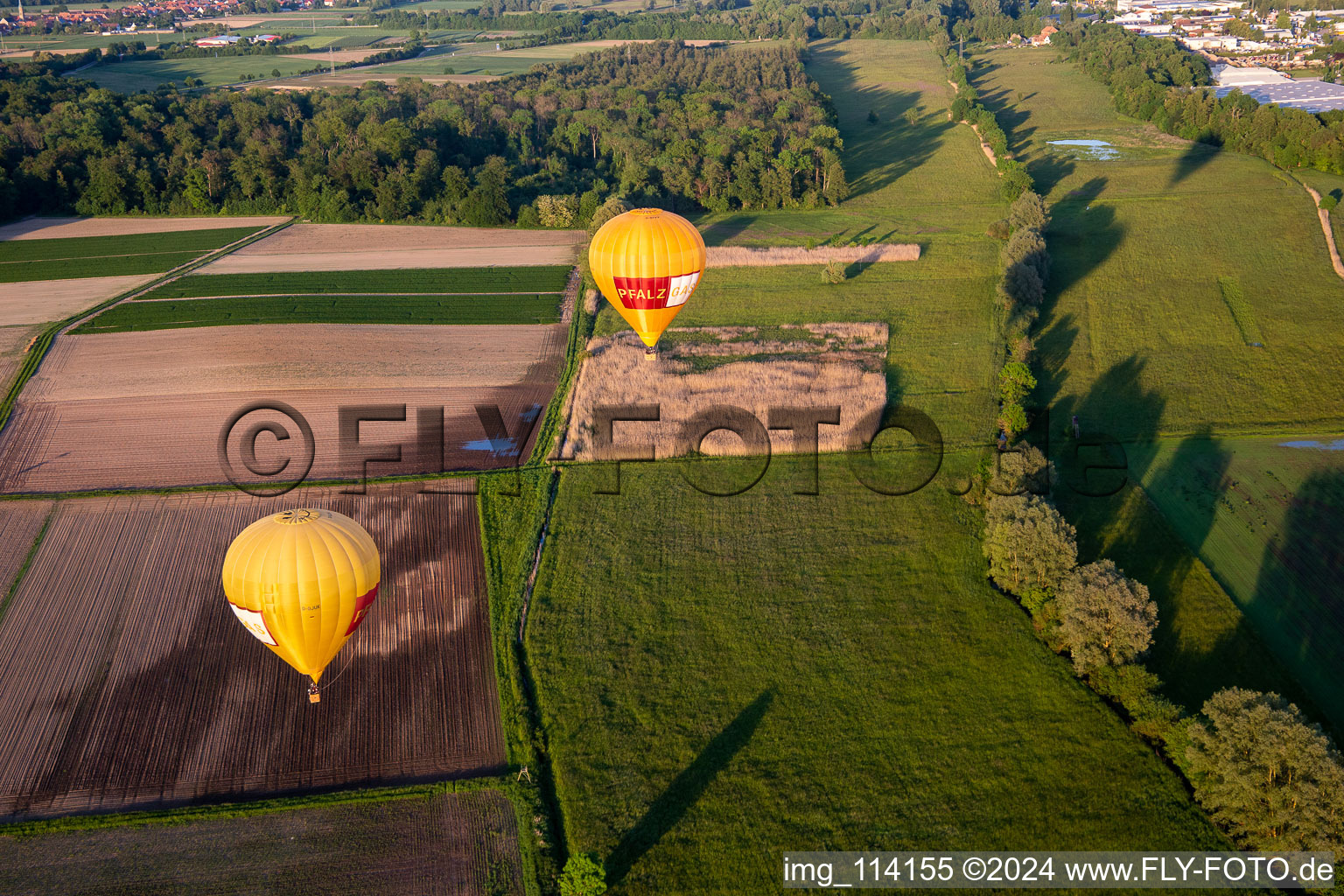 Aerial view of Pfalzgas twin balloons in Steinweiler in the state Rhineland-Palatinate, Germany