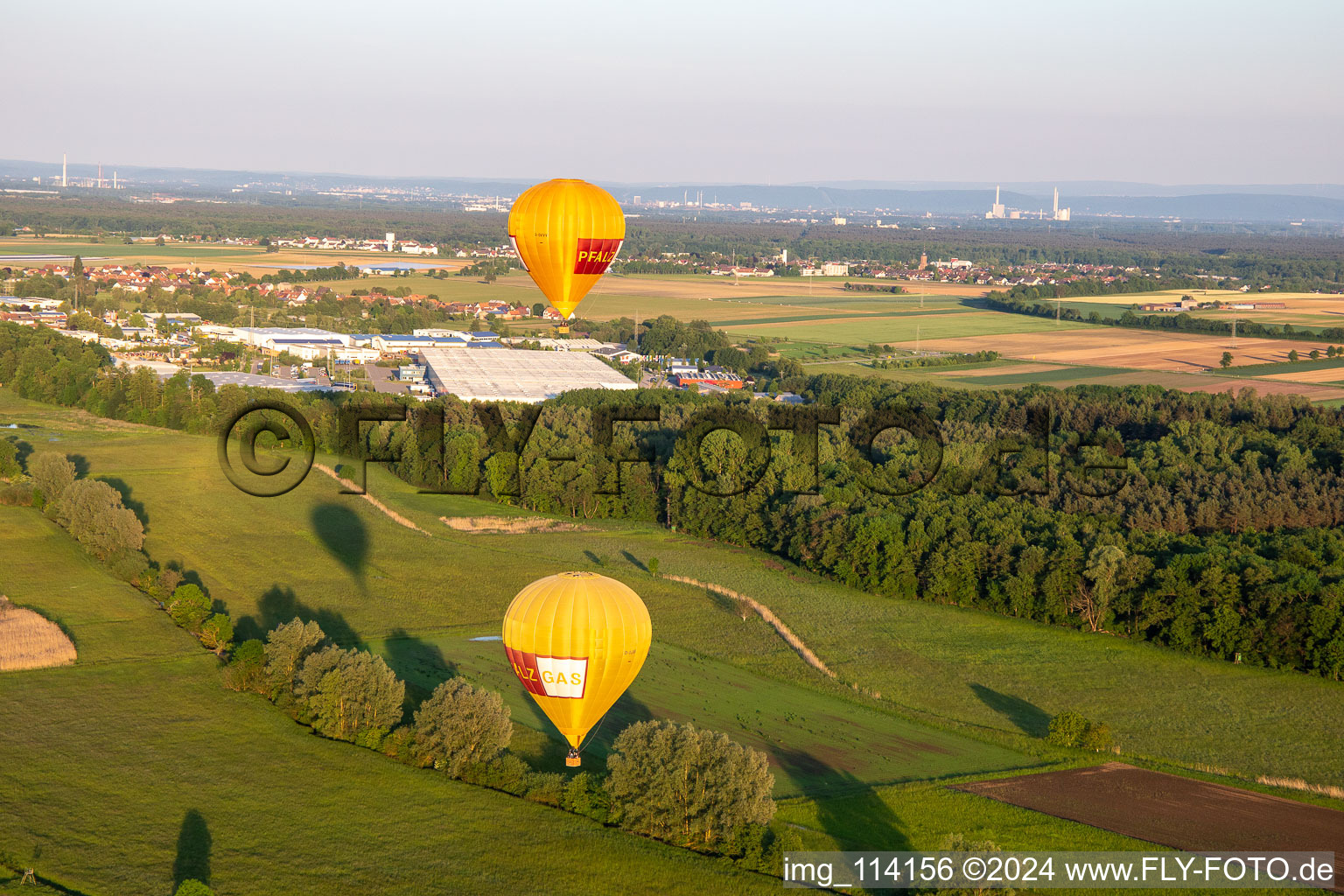 Aerial photograpy of Pfalzgas twin balloons in Steinweiler in the state Rhineland-Palatinate, Germany