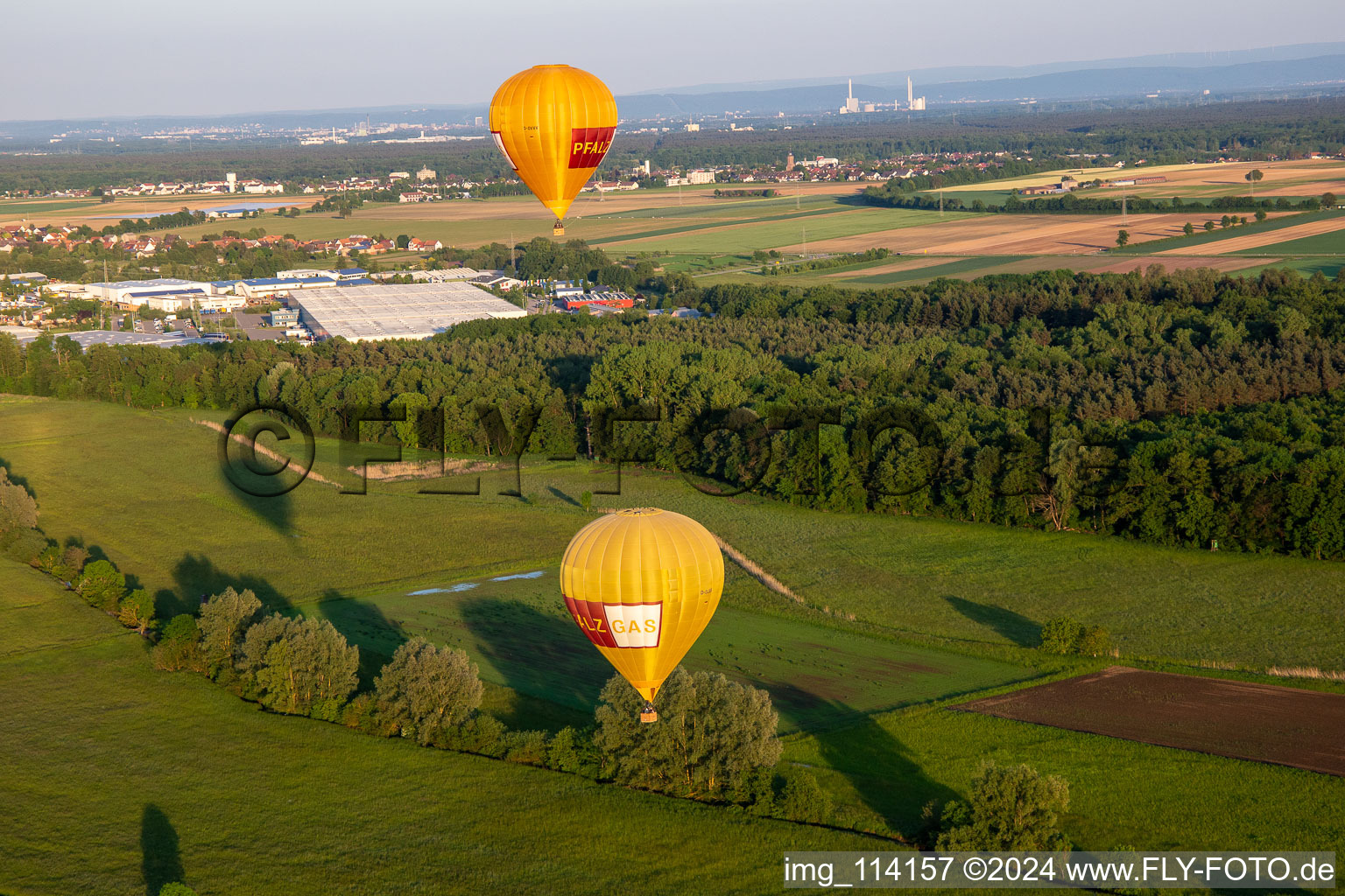 Oblique view of Pfalzgas twin balloons in Steinweiler in the state Rhineland-Palatinate, Germany