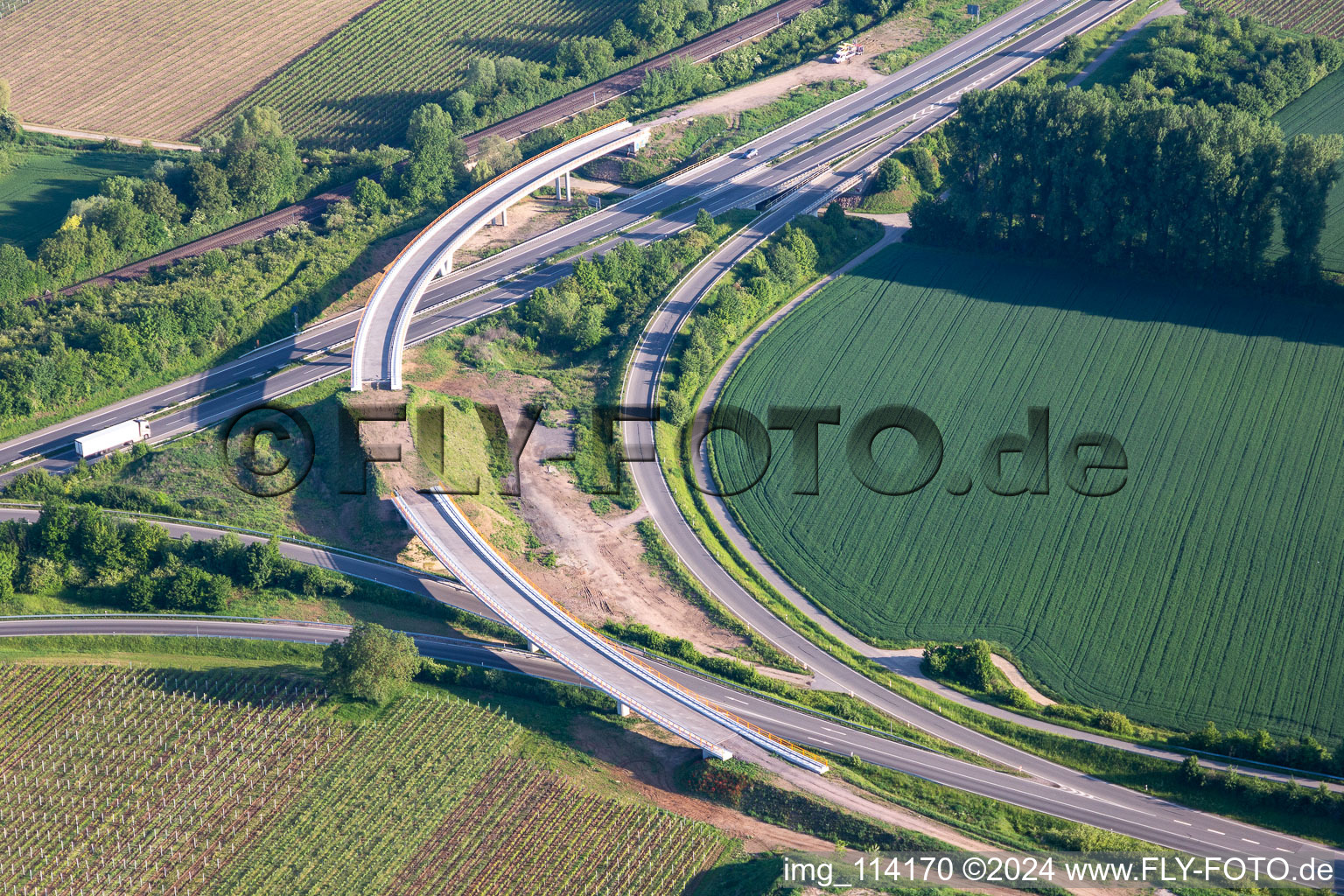 Aerial view of A65 Landau Nord exit bridge construction in the district Dammheim in Landau in der Pfalz in the state Rhineland-Palatinate, Germany