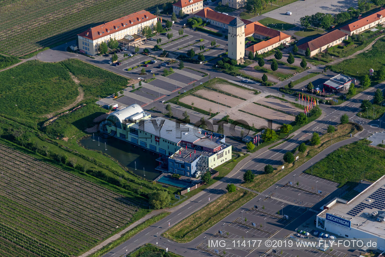 The Hornbach district in Neustadt an der Weinstraße in the state Rhineland-Palatinate, Germany from the plane