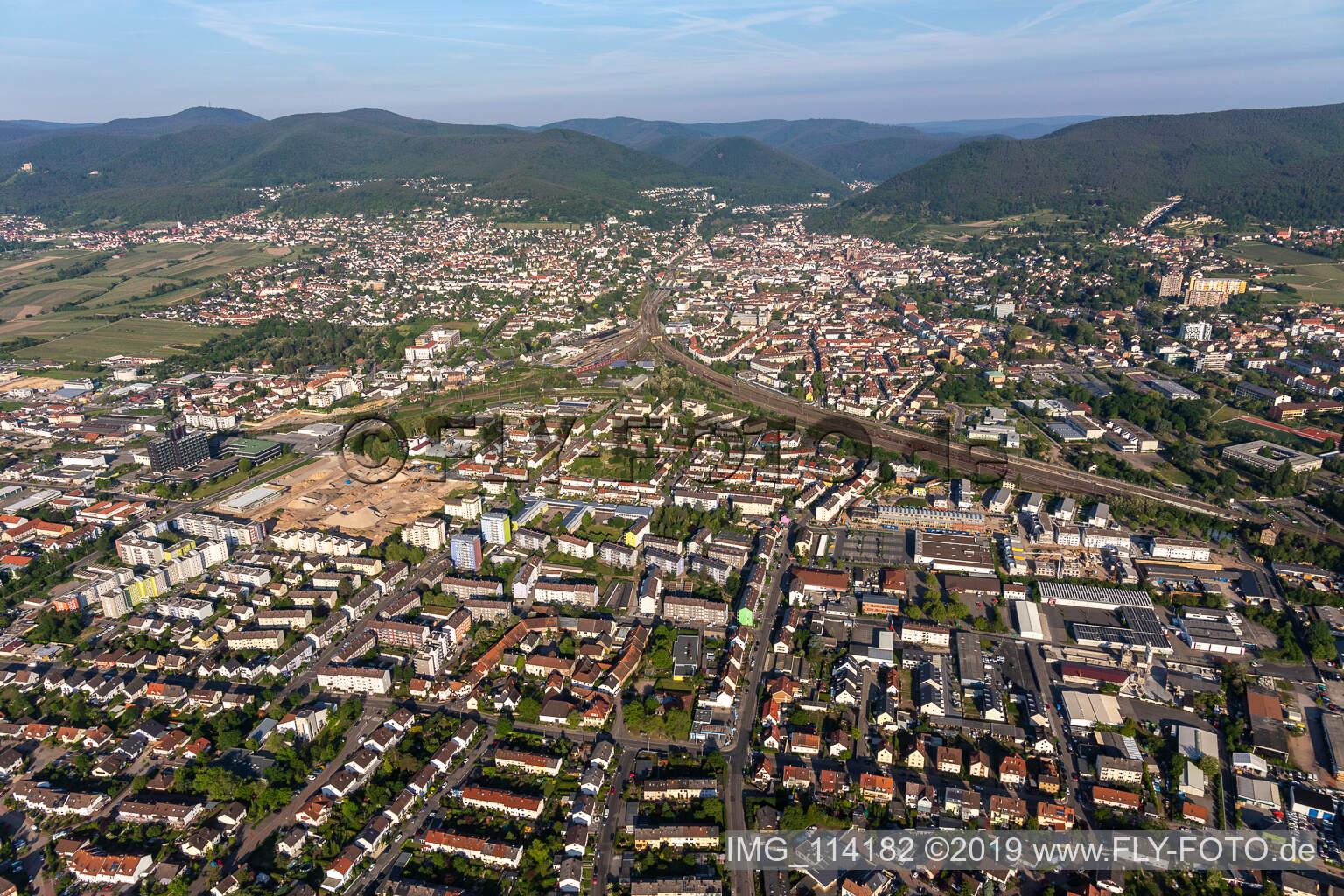 Neustadt an der Weinstraße in the state Rhineland-Palatinate, Germany viewn from the air