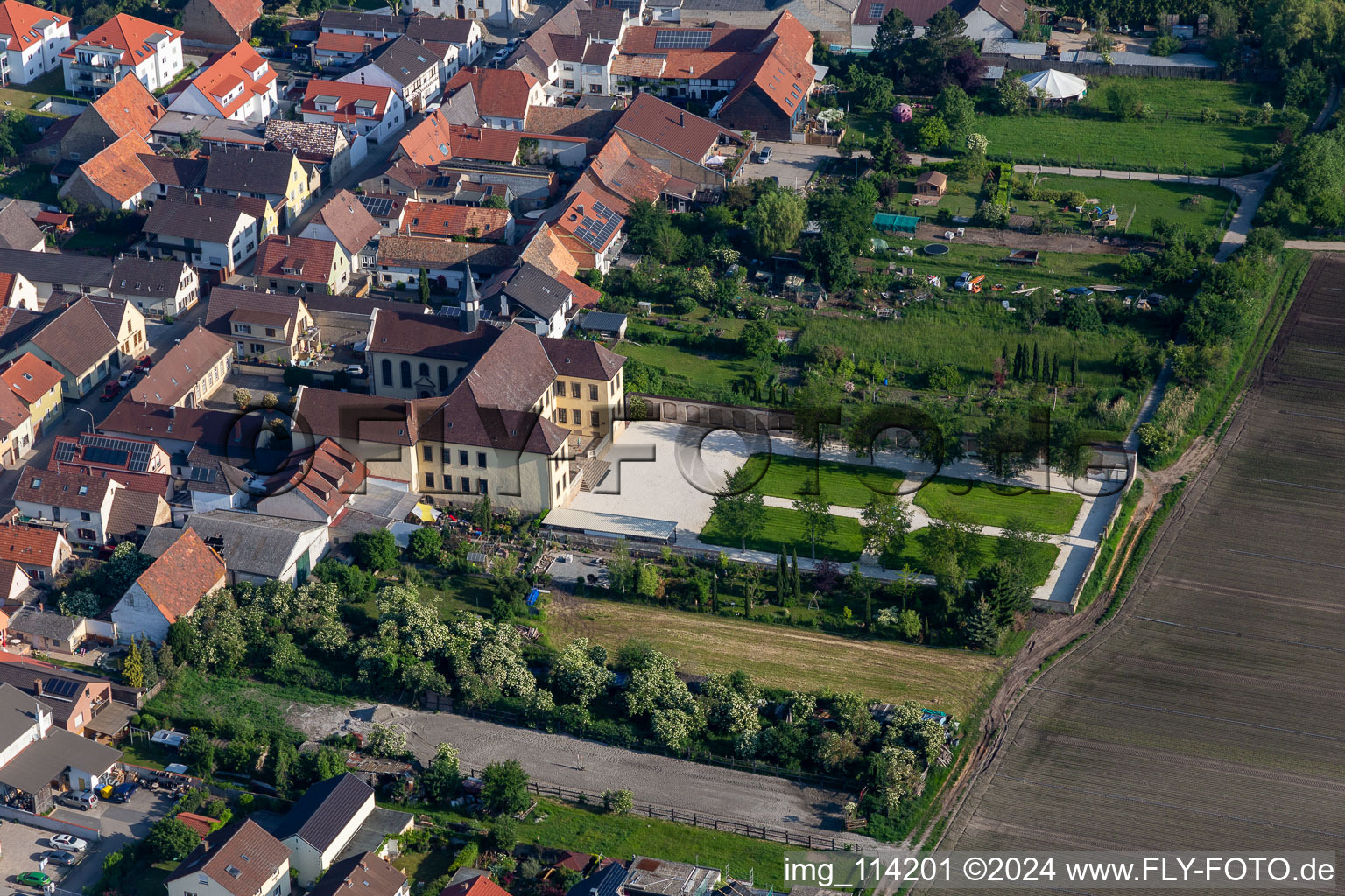 Aerial view of Hallberg Castle Garden in Fußgönheim in the state Rhineland-Palatinate, Germany