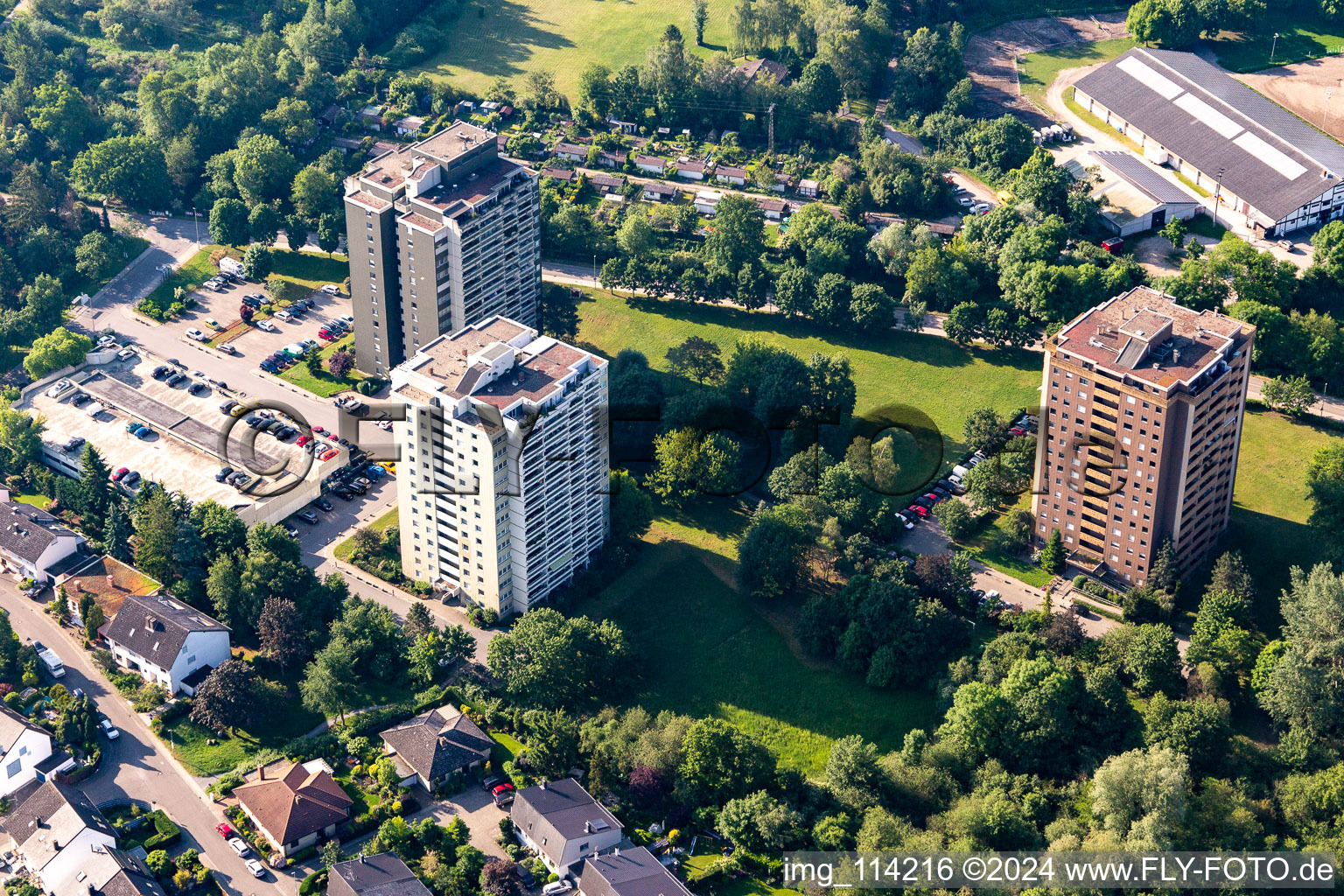 Three High-rise building in the residential area Woogstrasse in Neuhofen in the state Rhineland-Palatinate, Germany