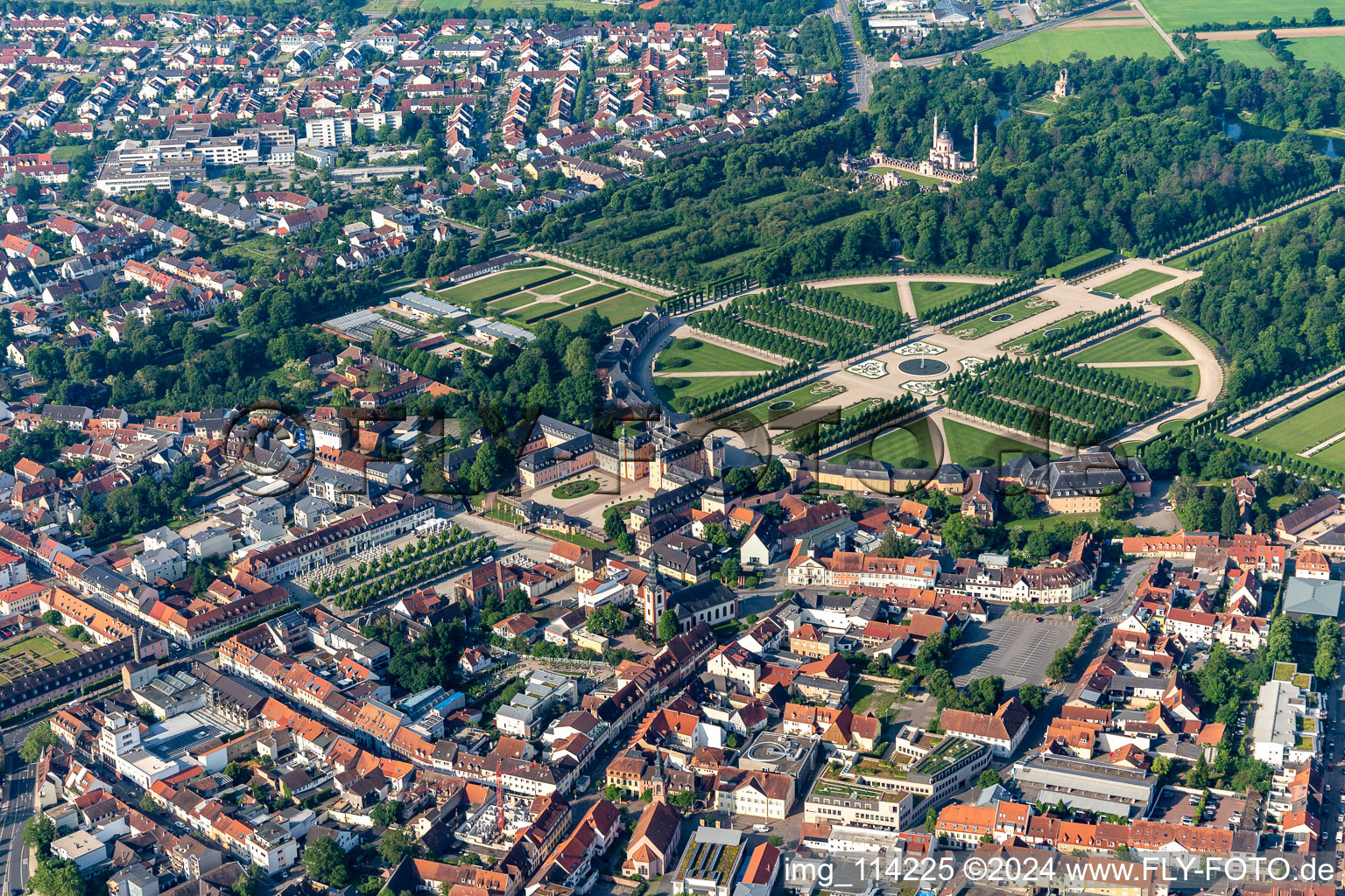 Aerial view of Rokoko Park of Gardens and Castle of Schwetzingen in Schwetzingen in the state Baden-Wurttemberg, Germany