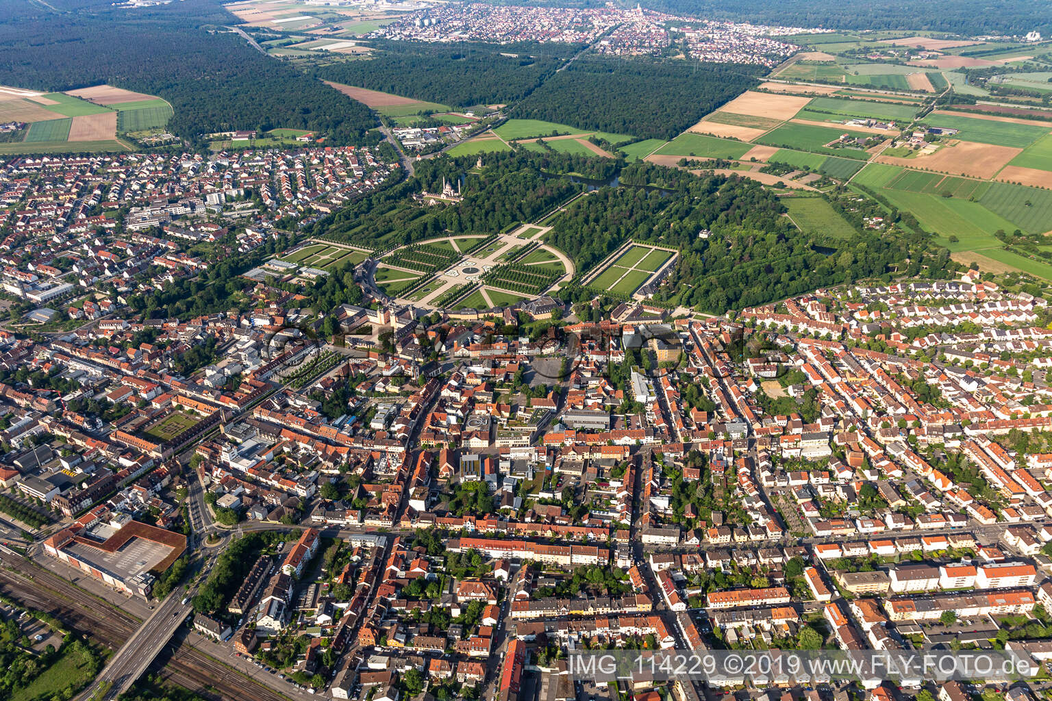 Aerial photograpy of Castle garden in Schwetzingen in the state Baden-Wuerttemberg, Germany