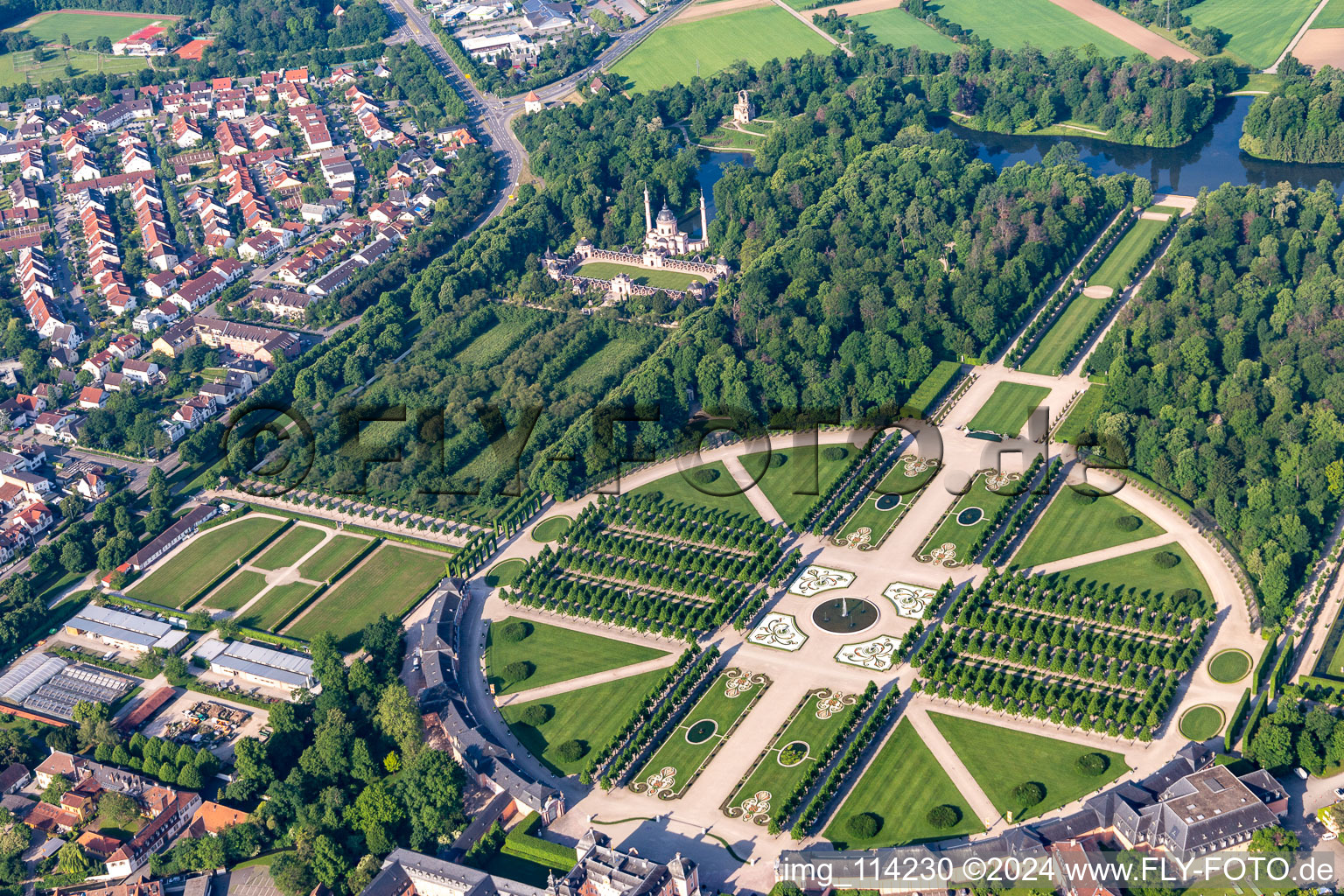 Aerial photograpy of Rokoko Park of Gardens and Castle of Schwetzingen in Schwetzingen in the state Baden-Wurttemberg, Germany