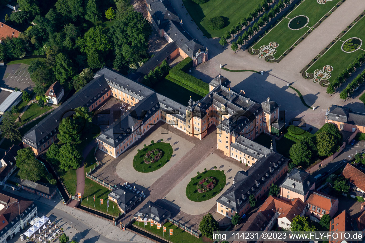 Aerial view of Schwetzingen Castle and the French baroque garden in Schwetzingen in the state of Baden-Wuerttemberg