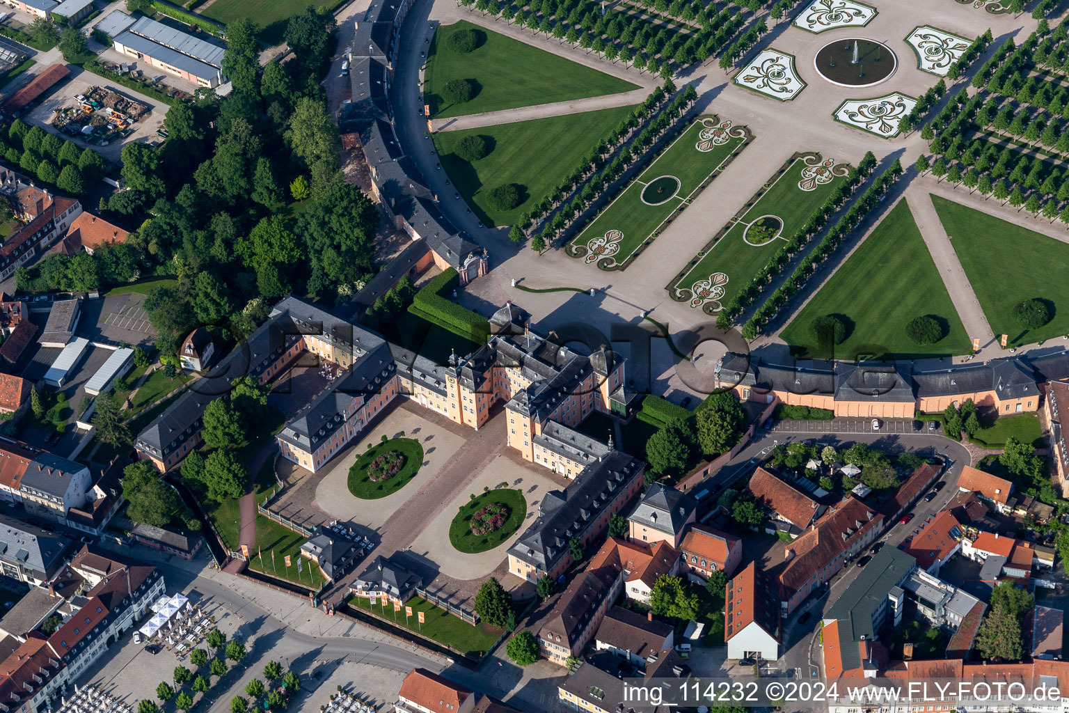 Aerial photograpy of Building complex in the park of the castle Schloss Schwetzingen Mittelbau in Schwetzingen in the state Baden-Wurttemberg, Germany