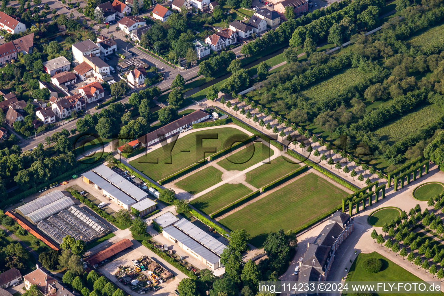 Oblique view of Castle Garden in Schwetzingen in the state Baden-Wuerttemberg, Germany