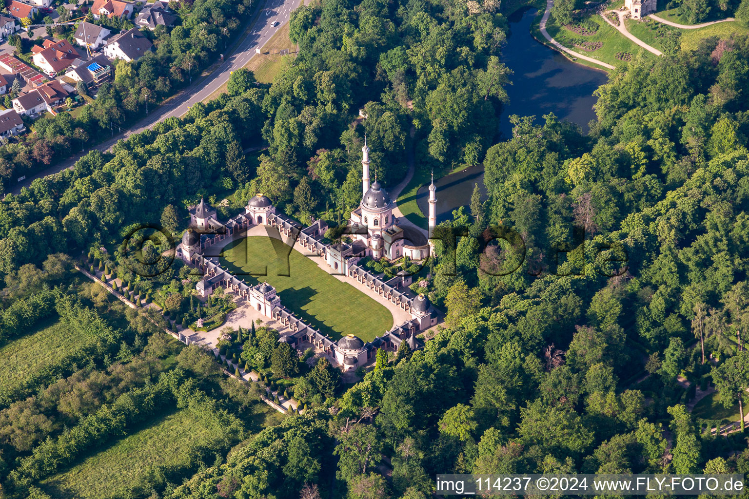 Aerial view of Building of the mosque in the castle park of Schwetzingen in the state Baden-Wurttemberg, Germany